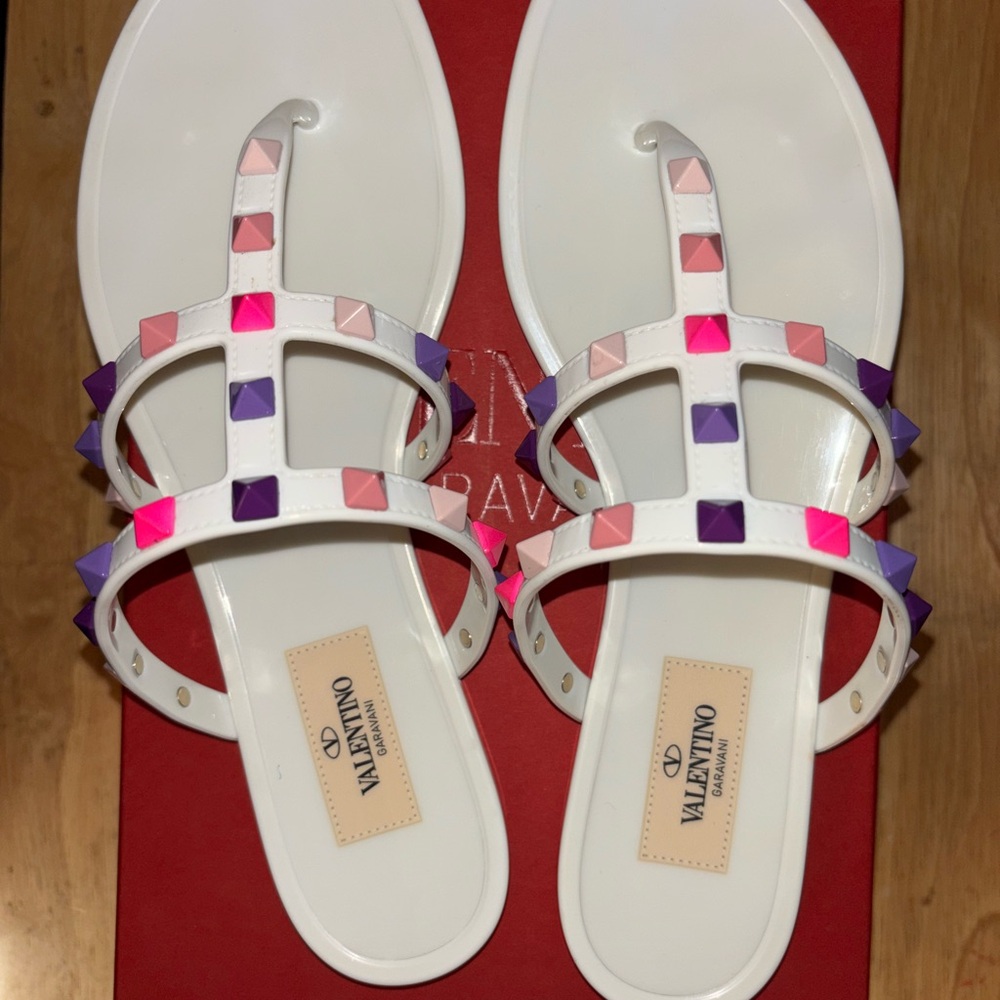 Valentino Garavani White Sandals with Pink and Purple Studs